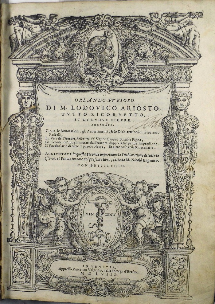 Titlepage of the 1558 Furioso, with early (17th century?) autograph &quot;T.(?) Coke&quot;. (Sp Coll q2)